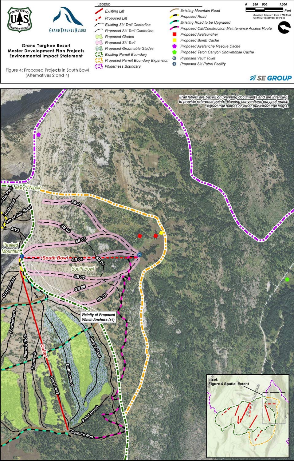 Map of Proposed projects in south bowl Grand targhee Resort DEIS